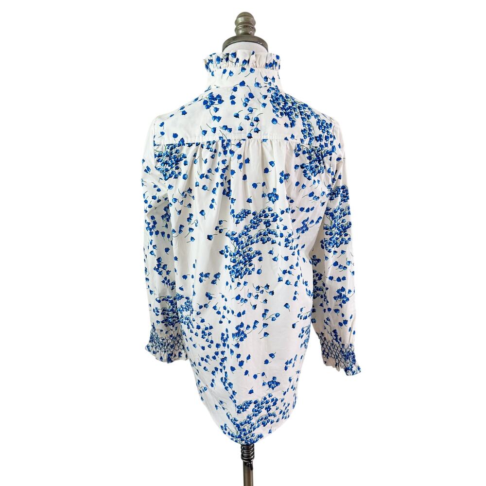 Tuckernuck Cream/Blue Floral Print Blouse Sz S 100% Cotton High Neck Long Sleeve - Picture 5 of 8